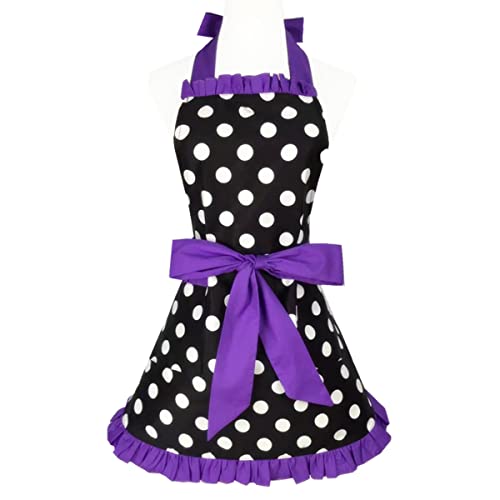 Hyzrz Cute Apron Retro Black Polka Dot Retro Ruffle Side Vintage Cooking Aprons with Pockets for Women Girls, Side Purple, One size