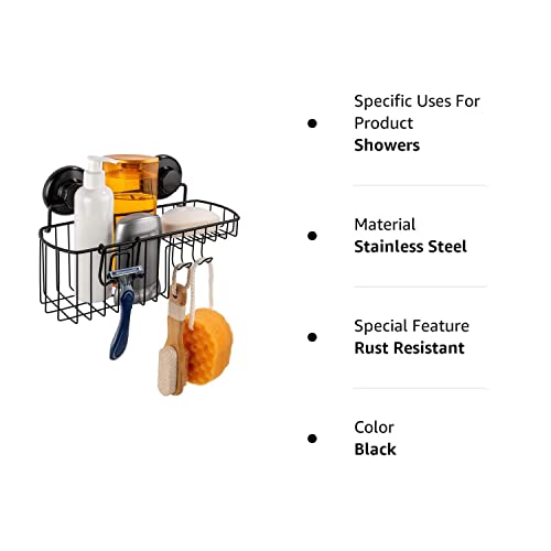 Hasko Accessories Shower Caddy Suction Cup - Wall Mounted Bathroom Shelf With Hooks - Suction Shower Basket - Shower Shelf For Bathroom Shower Organizer Suction Cup - Stainless Steel Ss304 (Black) #TOP5