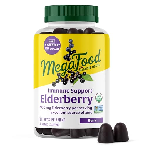MegaFood Elderberry Gummies for Kids Teens & Adults Immune Support Supplement Gummy Vitamins - Made with Zinc & Real Food Pectin-Based USDA Organic Vegan - 54 Count 27 Servings