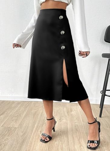 Herou Women's Casual Satin Skirt Elastic Waistband High Waisted Midi Skirts with Slit Elegant Work Office Skirts3