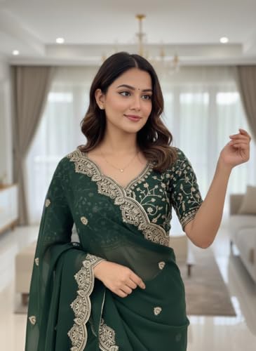 Image of Yashika Women Vichitra Silk Saree with Embroidered Border| Sarees Bollywood Sari | New Sarees | Saree Blouse| Designer Saree (AZ-YS-OG-LADYQUEEN-Parent)
