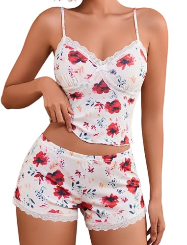Image of Avidlove Women's Soft Ribbed Knit Cami Pajama Set Sexy V Neck Lace Trim Sleepwear Side Slit Shorts Lingerie Nightwear
