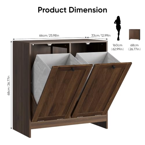 Image of Smart FENDEE Double Tilt Out Laundry Hamper Cabinet, 11.8 Gallon Hidden Trash Cabinets with 2 Baskets for Kitchen, Freestanding Small Bathroom Storage Cabinet Unit, Walnut