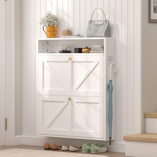 Image of Shoe Cabinet, 2 Flip Shoe Rack for Wall Mounted, Ultra Slim Shoe Organizer for Entryway, Front Door Shoe Storage, Anti-Tip, White