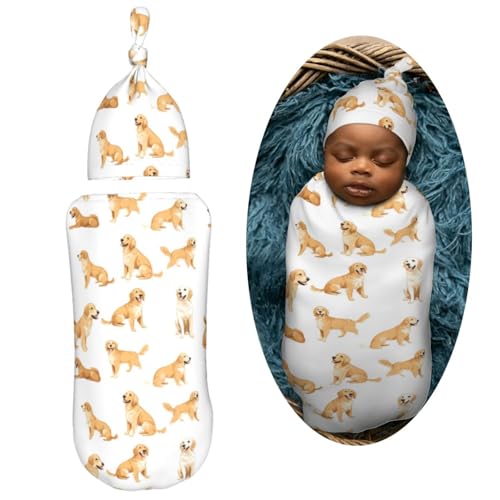 Image of Painting Golden Retriever Newborn Swaddle Blankets Hat Sets Soft Baby Receiving Blanket Swaddle Sack for Baby Shower Infant Boy Girl Gift