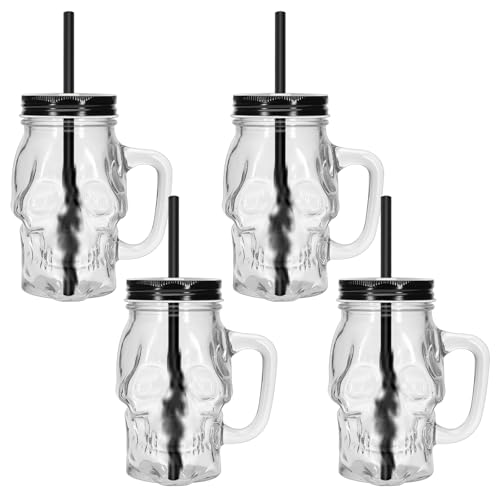 Skull Mason Jars with Handle, 16 Oz Glass Beer Mugs Gothic Wide Mouth Tumbler Cup with Straws and Lids, Novelty Pub Bar Mug Halloween Drinking Glasses for Beverage, Liquor, Mix Cocktail (4, Clear)