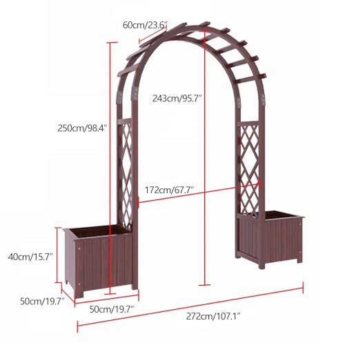 Zewnętrzny drewniany łuk ogrodowy pergola ze zintegrowanymi donicami i bocznymi skrzynkami na kwiaty, kratka o wysokości 237 cm, do pnących winorośli, idealna altana ogrodowa na róże i kwiaty