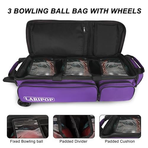 LARIPOP 3 Ball Bowling Bag with Wheels and Shoe Compartment, Rolling Bowling Bag for 3 Balls, Heavy Duty Bowling Roller Bag with Retractable Handle for Men Women by LARIPOP - Image 5