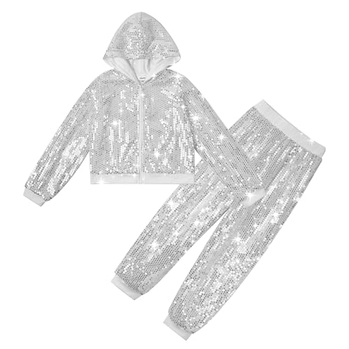 Image of LOLANTA 2Pcs Girls Dance Outfits Cropped Sequin Jacket Pants Set, Kids Hip Hop Dance Costumes for 80s 90s Party 5-15 Years