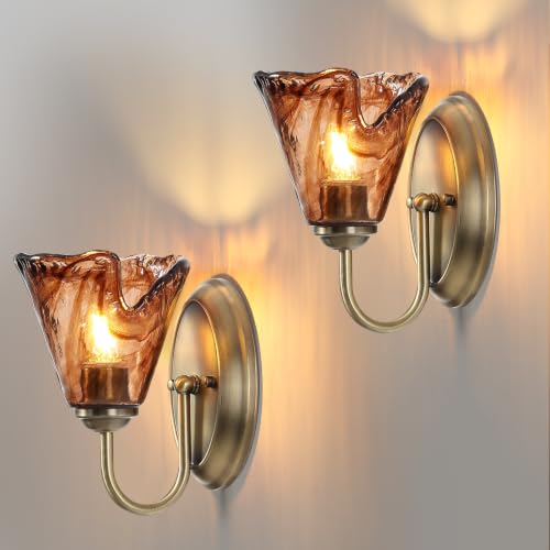 Vintage Glass Wall Sconces Set of 2,Aged Brass Bathroom Vanity Lighting