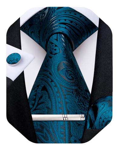Image of DiBanGu Silk Floral Ties for Men Woven Paisley Necktie and Tie Clip Handkerchief Cufflinks Set for Party Wedding