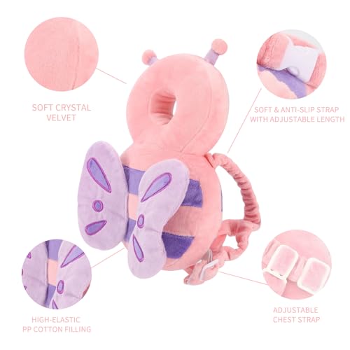 Image of Baby Head Protector Backpack, Toddler Padded Carrier With Elasticated Wear (Pink Butterfly)