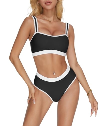 MOOSLOVER Women Bandeau High Waisted Bikini Sets Cheeky High Cut Swimsuit 2 Piece Bathing Suits2