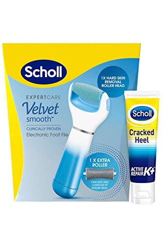 Scholl ExpertCare Velvet Smooth Bundle - Blue Velvet Smooth Electronic Foot File Pedi for Hard Skin and Callus Removal, Includes Scholl Cracked Heel Repair Cream with Active K+ Formula