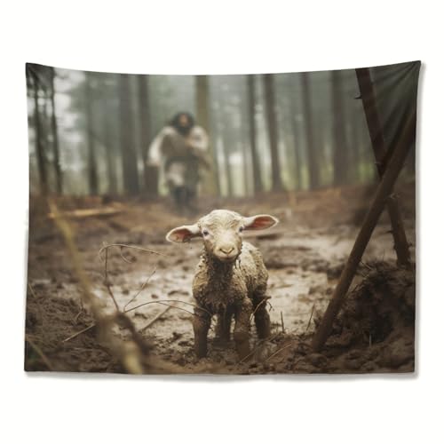 Jesus Saving Lost Lamb Tapestry God Faith Aesthetic Tapestry Wall Handing Backdrop Home Decor for Living Room Birthday Party 60x70inch