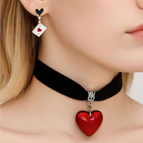 Queen of Hearts Earrings for Women Asymmetric Clock Poker Rabbit Dangle Earrings Red Heart Poker Drop Earring Queen of Hearts Costume Accessories Trendy Jewelry for Women2