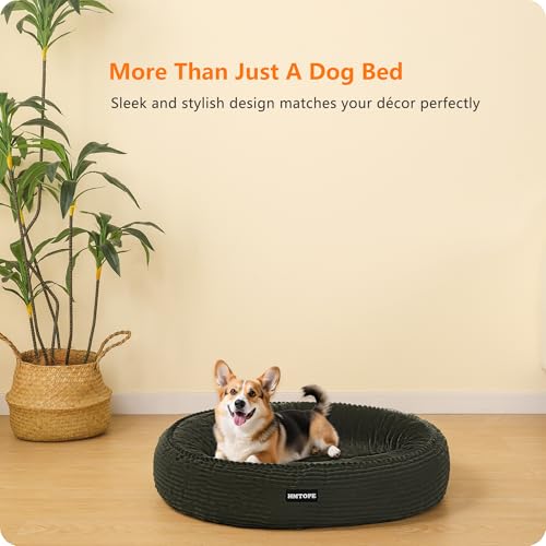 HMTOPE Hundebett Mittelgroße Hunde, Katzenbett Waschbar, Kuscheliges Hundekissen, Rund Cord Hundekorb, Donut, Hundesofa, Abnehmbar und rutschfest, Ø 70 cm, Olivgrün