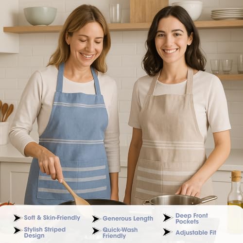 Image of Unisex Cooking Aprons | Waterproof Apron | Striped Design with 2 Front Pockets & Adjustable Neck Strap | Durable, Oil & Stain Resistant | Chef Apron for Cooking
