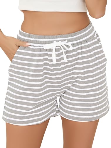 Vlazom Damen Schlafanzughose Baumwolle Pyjamahose Nachtwäsche Kurz Freizeit Hose mit Taschen und Kordelzug(XXL,Stil B-Grau)