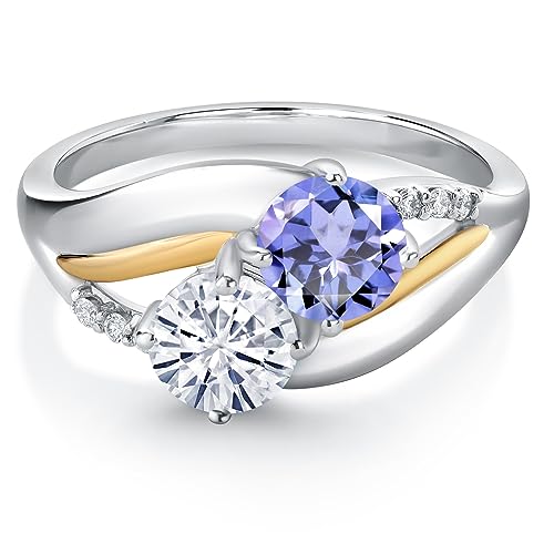 Gem Stone King 925 Sterling Silver and 10k Yellow Gold Customized and Personalized 5MM Round Gemstone Birthstone and White Lab Grown Diamond 2 Stone Name Engraved Ring For Women3