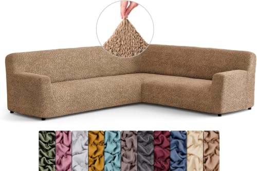 Image of Bellissima Sofa Covers - Premium Luxury Microfibra Plain Stretchable Sofa Cover Fully Covered Slipcover, Imported from Italy (Cappuccino, Corner-UN)