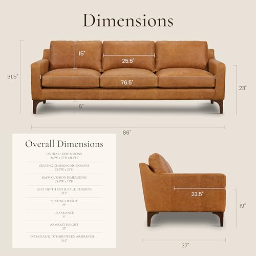 Image of POLY & BARK Sorrento 86 inch Sofa - Cognac Tan Full-Grain Pure-Aniline Italian Leather, Feather-Down Cushions, Solid Wood Frame & Walnut Legs