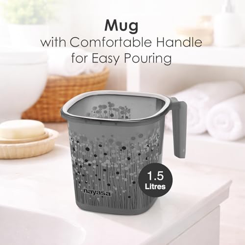 Image of Nayasa Square Ring Funk Plastic Bathroom Bucket Set with Mug & Stool | 18 Liters Bucket + 1.5 Liters Mug | Set of 3 | Black