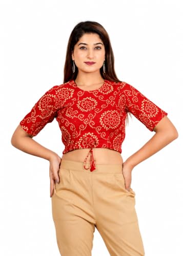 Image of Yash Gallery Women's Premium Fabric Printed Regular Fit Crop Blouse Round Neck Half Sleeve Drawstring Hem Casual Stylish Blouse