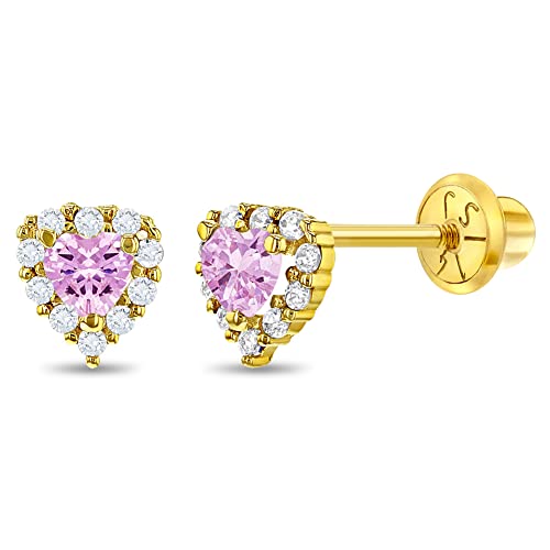 14k Yellow Gold 5mm Cubic Zirconia Heart Cluster Screw Backs for Young Girls - Unique Heart Earring Studs for Babies, Toddler to all Little Girls - Lovely & Bright CZ Hearts