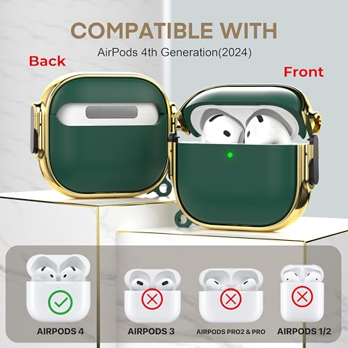 Image of Maxjoy for AirPods 4 Case with Lock, Cute AirPods 4 Case Lock Protective Hard AirPod 4 Generation Cover for Women Men with Keychain Clip for AirPod 4th Generation Cover 2024, Green /Gold