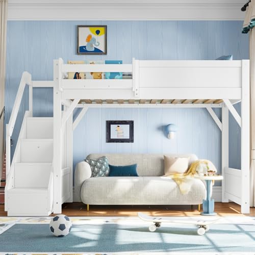 Image of KEIKI Solid Wood Twin Size Loft Bed Frame with Stairs, Built-in Wardrobe and Storage Space, Twin Loft Bed with Shelves, Full-Length Guardrails, No Box Spring Needed for Bedroom, Light White