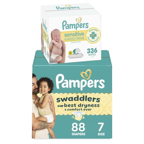 Image of Pampers Swaddlers Disposable Baby Diapers Size 7, 88 Count with Sensitive Water Based Baby Wipes 4X Pop-Top Packs (336 Count)
