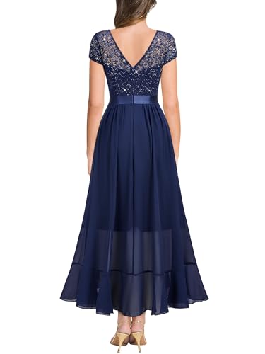 Image of Miusol Women's Scoop Neck Sequined Floral Lace Ruffle Wedding Party Dress | Sequin lace, scoop neck, cap sleeve, ruffle design dress for cocktail party, wedding and formal
