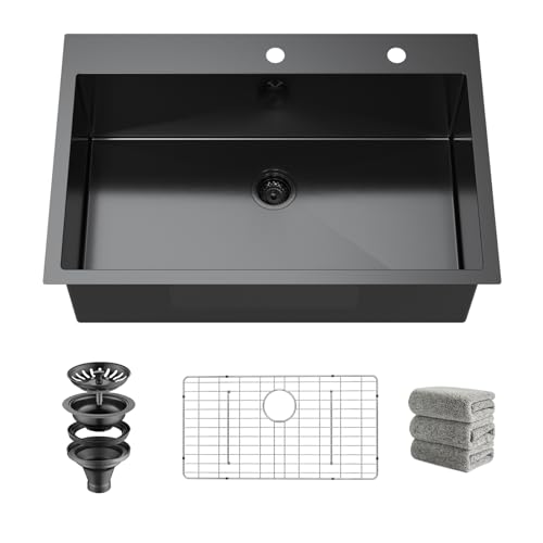 Drop In Kitchen Sink 33x22 Inch Black Top Mount Sink 16 Gauge Stainless Steel 2-Hole Deep Single Bowl Kitchen Sinks