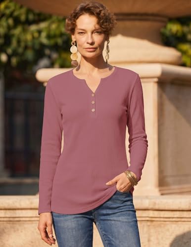 Zeagoo Tops for Women Long Sleeve Womens Tops 2026 V Neck Waffle Knit Shirts Casual Blouses Fall Fashion Tunic XXL Mauve — view 5