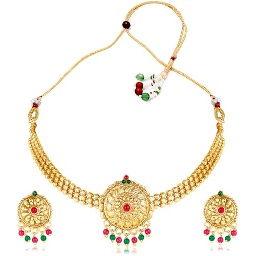 Image of Peora Gold Plated Rani Pink & Green Synthetic Stone Studded Choker Necklace & Dangle Earrings Traditional Jewellery Set for Women & Girls