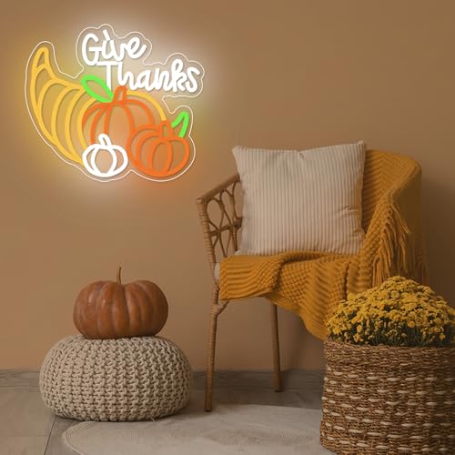 Image of Thanksgiving Neon Sign Pumpkin Neon Sign for Thanksgiving Decoration Give Thanks Sign Dimmable Thanksgiving Neon Light USB Powered for Autumn Harvest Party Wall Decor Gift
