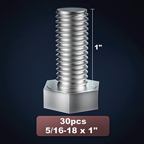 Image of 5 /16-18 x 1 inch (1 /2 to 6 inch Optional) Hex Head Screw Bolt, Stainless Steel 18-8(304), Fully Threaded,30pcs