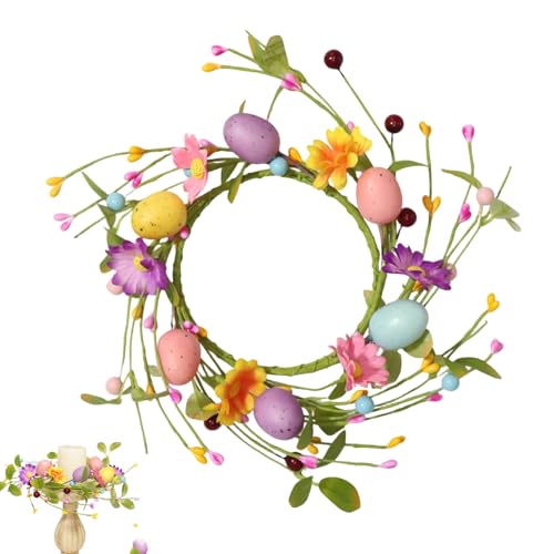 Corona Per Candela Di Pasqua | Ghirlanda con Uova e Fiori Selvatici da 26,9 cm | Cerchio Portacandele,per Porta Casa Tavolo Centrotavola