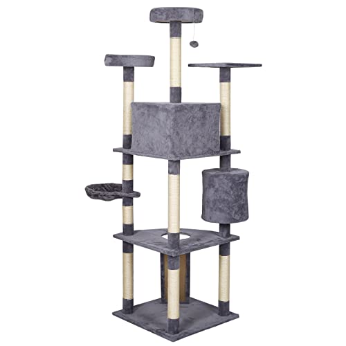 Katzenkratzbaum hellgrau mit Sisal 198cm Kratzbaum mit Kratzbrett, Hängematte und Katzenhäusern – Bild 4