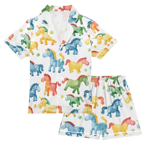 ALAZA Color Horse Animal Pajamas Satin Pajama Set Short Sleeve Button Down Sleepwear