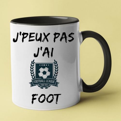 Taza de fútbol con mensaje 'J'peux pas je je foot', taza de cerámica blanca y negra, diseño de fútbol League