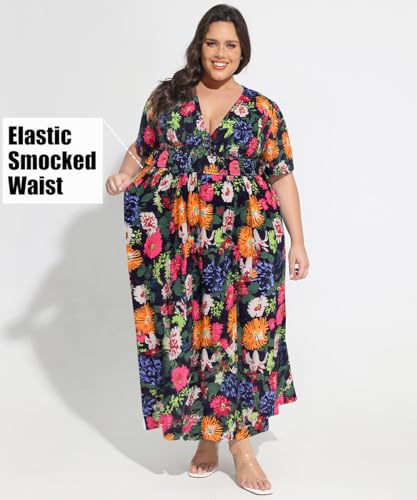Image of CARCOS Plus Size Dresses for Curvy Women V Neck Summer Maxi Dress Short Sleeve Floral Boho Dress Smocked Waist Beach Dress