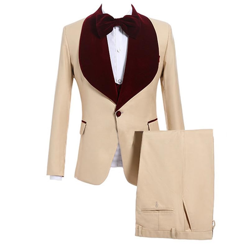 Mens Red Shawl Lapel Dress Wedding Tan Color Suits (Jacket+Pants+Bowtie)