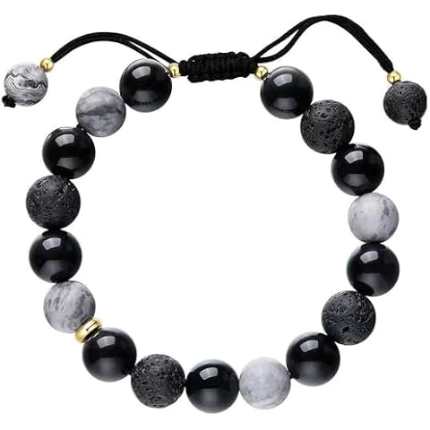 Triple Protection Bracelet for Men Women, Handmade Natural Volcano Stone Bracelet, Healing Map Stone Bracelet, Obsidian Beaded Bracelet Adjustable Stretch Bracelets, Yoga Beads Bracelet (Gold) Cover