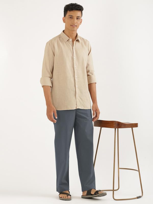 Image of SAADAA Men's 100% Cotton Pants | Mid-Rise Straight Fit Casual Trousers with Elastic Waistband and 3 Pockets | Everyday Wear