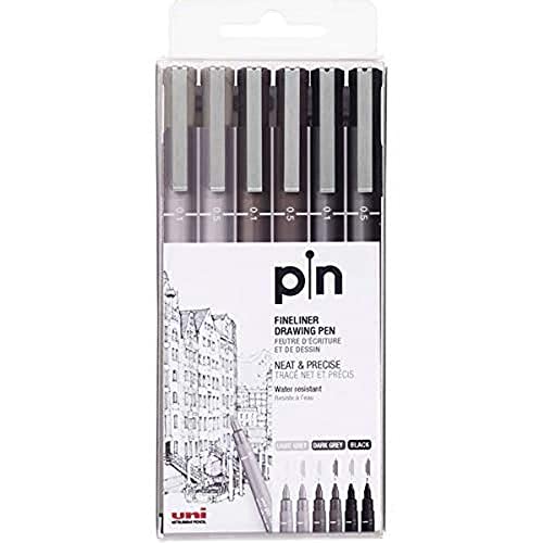 SET DE 6 ROTULADORES CALIBRADOS UNI-PIN GRIS&NEGRO CON VARIOS TRAZOS DIFERENTES DE LA MARCA UNI-BALL