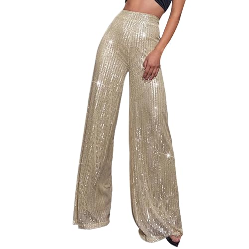 Womens Wide Leg Pants Elastic High Waist Sequin Sparkly Dance Pants Baggy Summer Fashion Baggy Palazzo Stretch Trousers Rose Gold
