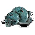 Elama Round Stoneware Floral Dinnerware Dish Set, 16 Piece, Blue with Red Accents