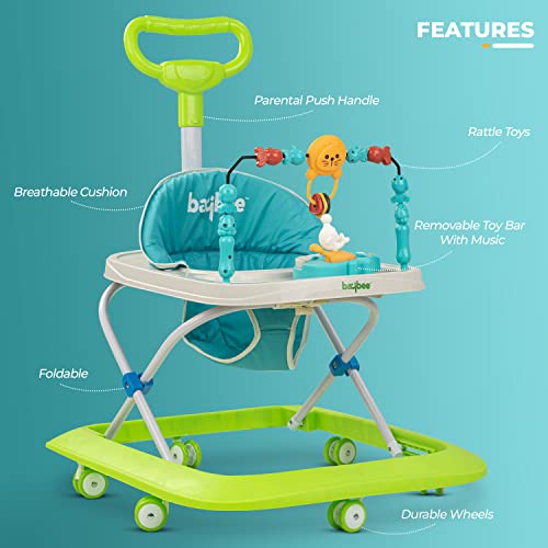 Image of Baybee Nexus Baby Walker for Kids with Parental Push Handle & 2 Height Adjustable, Multi-Function Folding Activity Walker for Baby with Musical Toy Bar | Walker Baby 6-18 Months Boy Girl (Light Green)